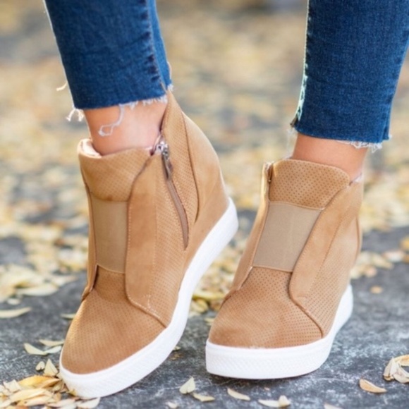 A Mermaid's Epiphany Shoes - Tegan | Pinhole Wedge Sneakers | Camel